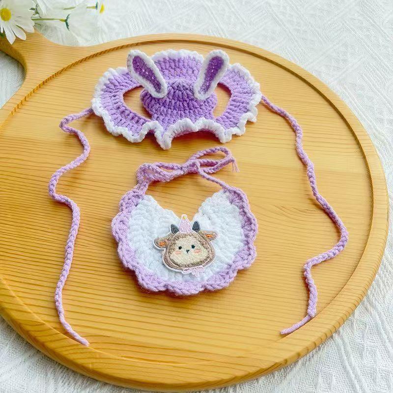 

Pet Birthday Decoration Set Knitted Cat Bibs Hats Crochet Dogs Scarves Decorative Cat Collar Necklace Pet Birthday Party Essentials Kit Free Size 2.5-10 KGs фіолетовий