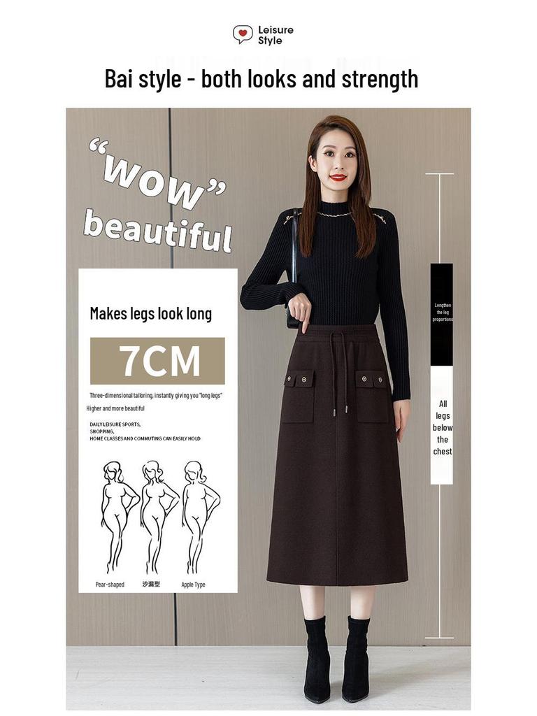Spring 2026 High-Waisted Woolen Half-Skirt for Women - Versatile, Slimming, Casual Mid-Length.