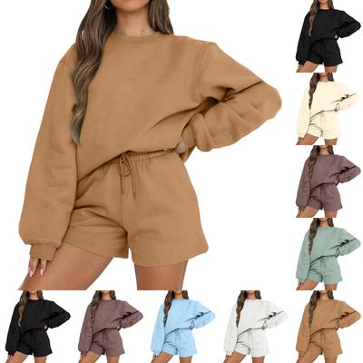Damski Wygodny Casualowy Modny Jednolity Kolor Okrągły Dekolt Bluza Szorty Zestaw Dwuczęściowy
