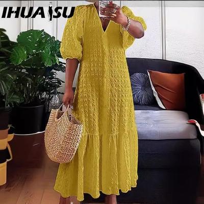 Sommer-Tunika für Damen, Party, Rüschen, V-Ausschnitt, Knopfleiste, dünne Puffärmel, lässig, locker, langes Hemdkleid, Übergröße