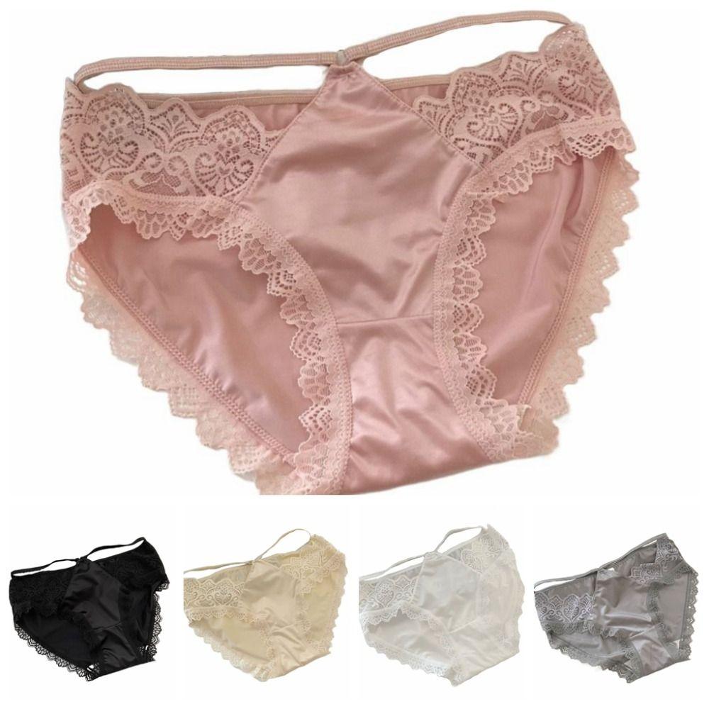 Hollow Ice Silk Thin Belt Panties Flower Satin Silk Lace Thong Women's Lace Mesh Briefs  Girls