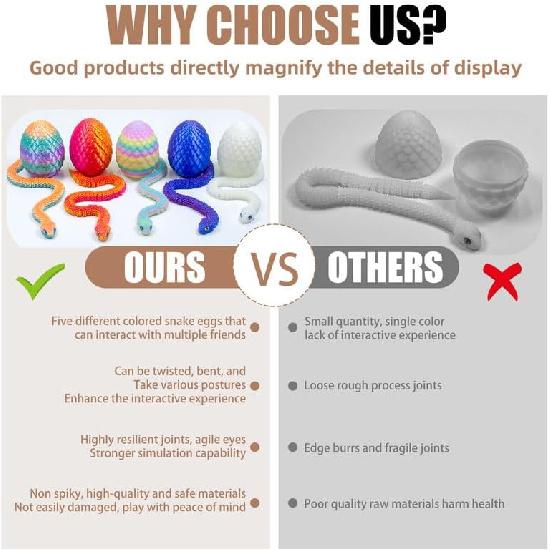 5PCS 3D Printed Snake Eggs with 11.8 Inch Snake Inside, Home Office Decor Executive Desk Toys for Autism/ADHD, Perfect for Easter Gifts, Collectibles