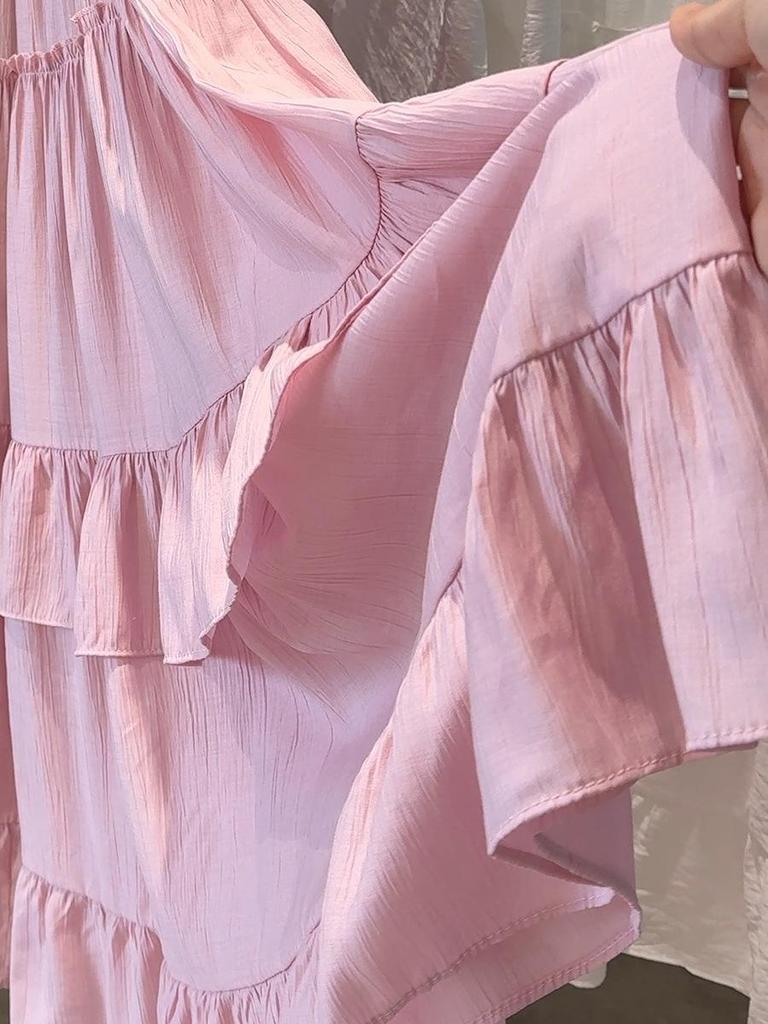Women's High-Waist Ruffle Patchwork Skirt: Solid Color, Layered Long Hem for Spring/Summer 2026