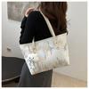 Women's Canvas Tote Bag with Embroidery, Large Capacity Casual Shoulder Bag for School and Work, Striped Design with Cloud Charm