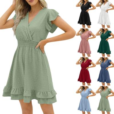 Kleider für Damen, Kleider, V-Ausschnitt, Rüschenärmel, kurze Ärmel, hohe Taille