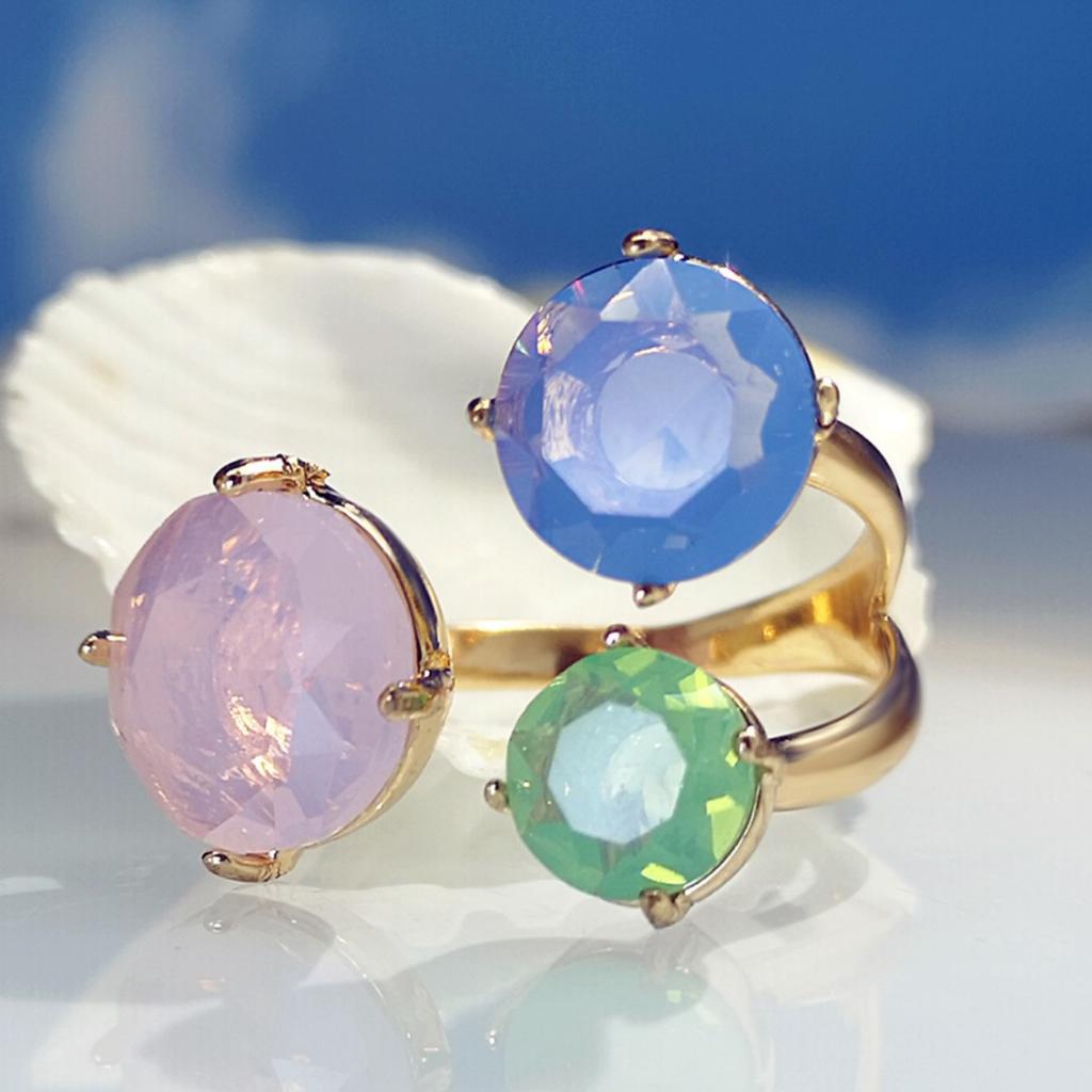 Cute Female Pink Green Blue Zircon Stone Gold Color Round Wedding Rings Promise Open Adjustable Engagement  For Women
