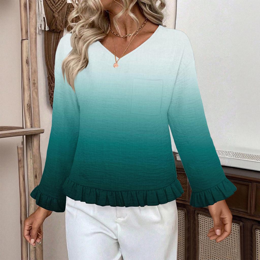 Women's Casual Fashion Ruffled V-Neck Pocket Gradient Print Long Sleeve Top