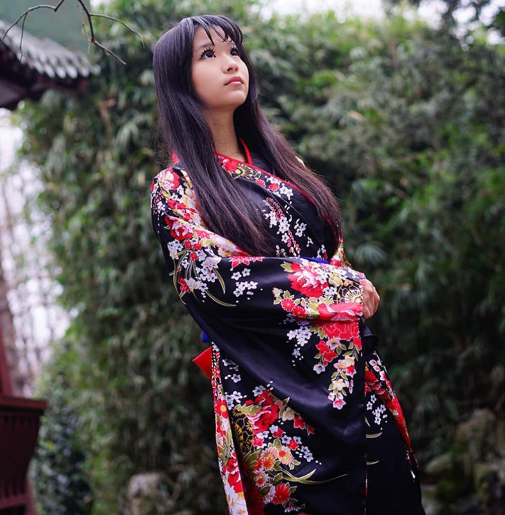 Japanese Hell Girl Long Floral Black [Lady Lazy] Clothes, Cosplay, Yukata, Pattern, Furisode, (S)