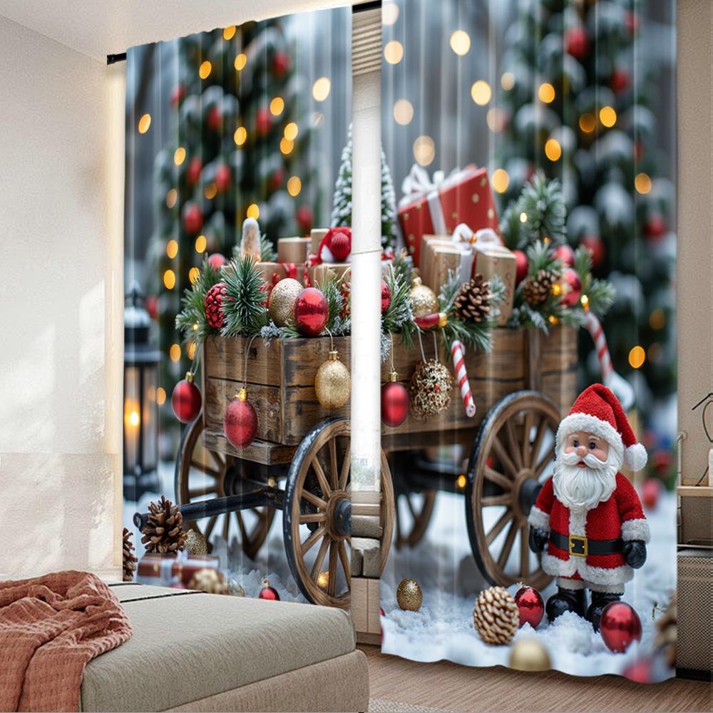 2D flat printing 2pcs Christmas Hot Curtains Christmas red gift wagon Digital Printed Polyester Drapes Family Party Decoration 100*130 Rod Pocket 1pcs