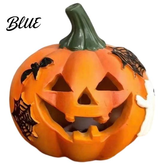 Artificial Pumpkin Decor Spooky Lighted Figurine Halloween Engraved Light-Up Resin Autumn Harvest Party Supplies Statue for Tabletop Indoor