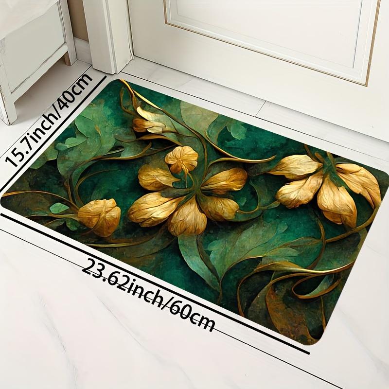 Dark Green Flower Bud Floral Print Area Rug, Aesthetic Painted Blossom Floor Mat for Bathroom Kitchen, Washable Decor Carpet