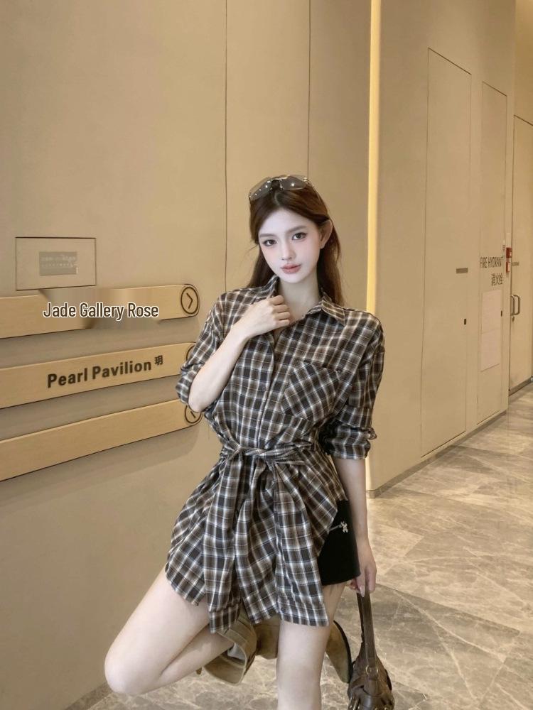 Spicy Girl HK Style Plaid Tie-Waist Long-Sleeve Shirt for Women - Versatile Loose Mid-Length Top for Early Autumn 2025