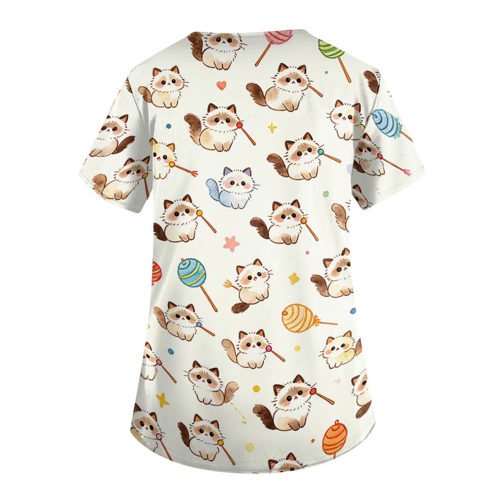 Women V Neck Short Sleeve Work Top with Pockets Animal Print Medical Scrub Shirt Comfortable Fit Durable Fabric Suitable for Healthcare Professionals