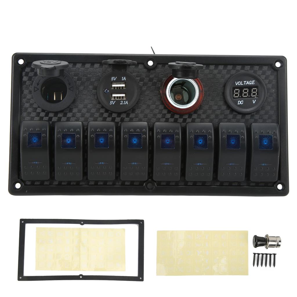 Car Boat Rocker Switch Panel Blue LED Light with Dual USB Voltmeter Cigarette Lighter 12‑24V for Yachts Ships Caravans