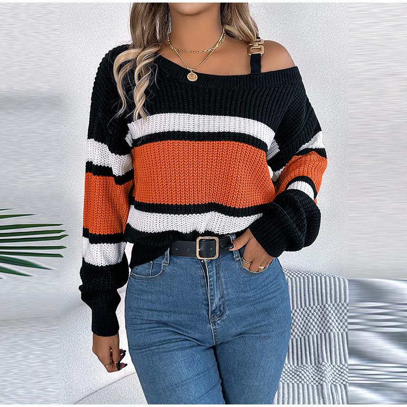 Сексуальный полосатый трикотажный пуловер с вырезом-лодочкой — фото 3