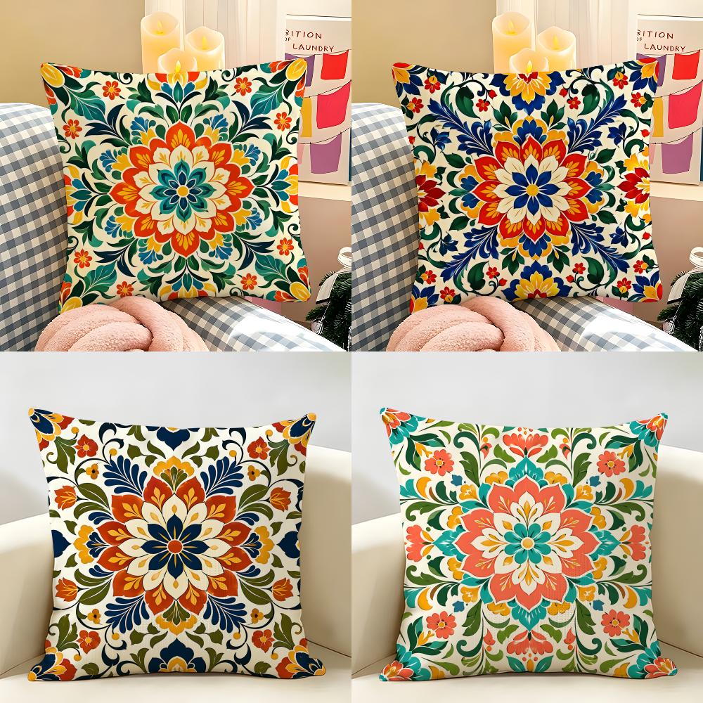Vintage Mediterranean Floral Tile Cushion Cover Natural Linen Organic Fabric DoubleSided Printing Room Sofa Decor Pillow Case