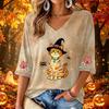 Women's V-Neck Three-Quarter Sleeve Casual Top with Halloween Print