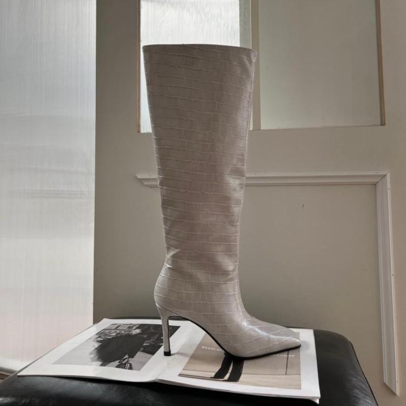 Song Xixi's New Knee Boots, Crocodile Pattern, Thin White Square Head High Boots, High Heel Boots.