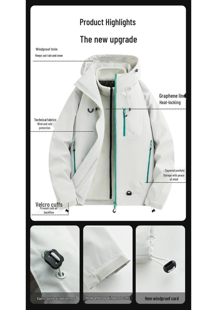 Couple's Three-in-One Hooded Windbreaker: Waterproof, Breathable, Loose-fit Ski & Hiking Jacket for Men and Women