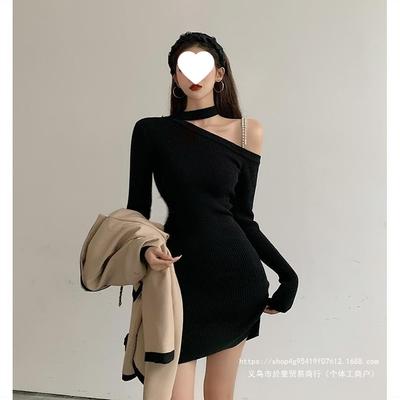 Knitted Dress Women's Autumn and Winter with Coat Hip Skirt Inner Temperament Slim-fitting Sexy Off-the-shoulder Long-sleeved Bottoming Skirt