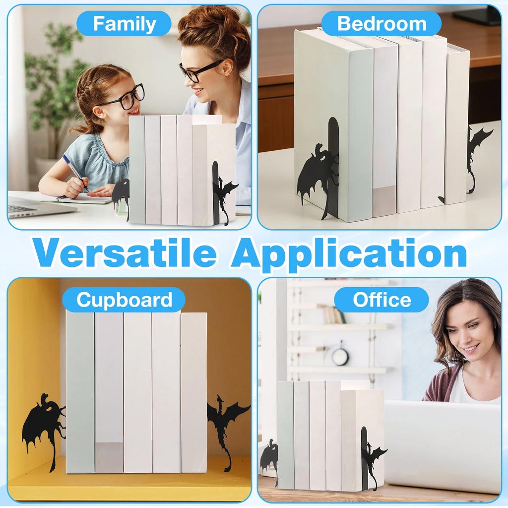 2Pcs Dragon Bookend Stable Dragon Metal Bookend with Rust Proof Spray Paint for Shelves for Securing File and Magazine Home
