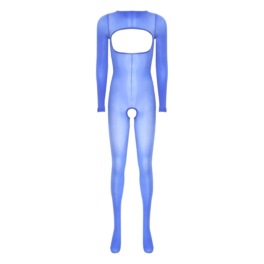 Damska błyszcząca prześwitująca body-pończocha z długim rękawem, otwarta w kroku i na biuście