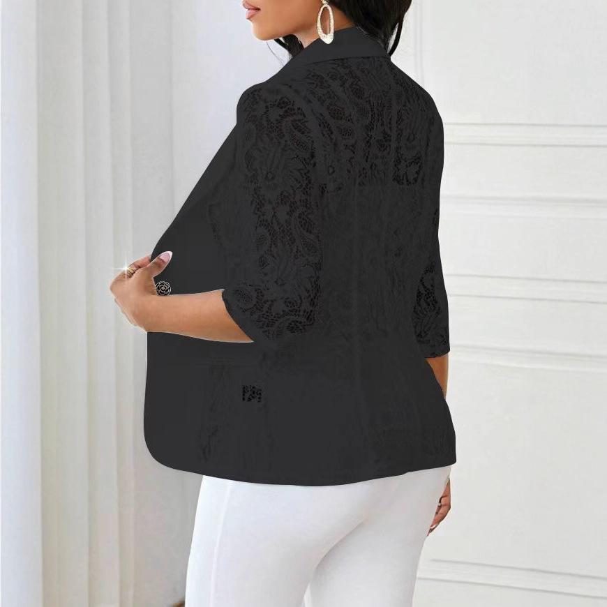 Women's Lapel Three‑Quarter Sleeve Blazer Slim Fit Elegant Lace Splicing Single Button Jacket