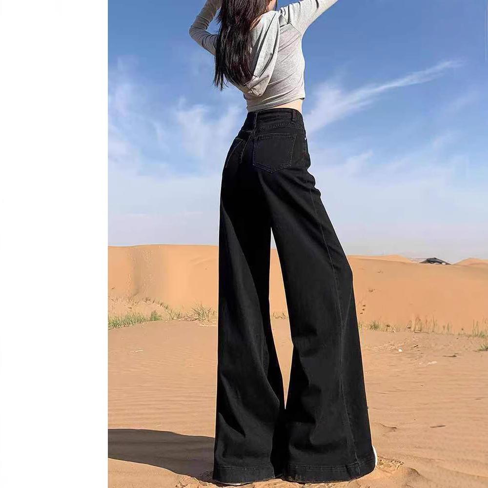 Women's Low Rise Wide Leg Jeans Loose Fit Sweet Spice Style Micro Stretch Black Denim Trousers