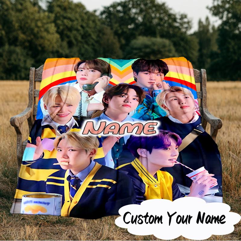 Custom Name Colorful Cartoon K-pop Characters Blanket  Ideal Bedding Blanket Perfect for Travel, Camping, Living Rooms,Sofas, Fan Christmas gift