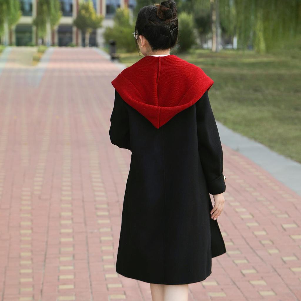 Damen 2025 Petite Kapuzen-Doppelseitiger Kaschmir-Woll-Übermantel, Mittellang