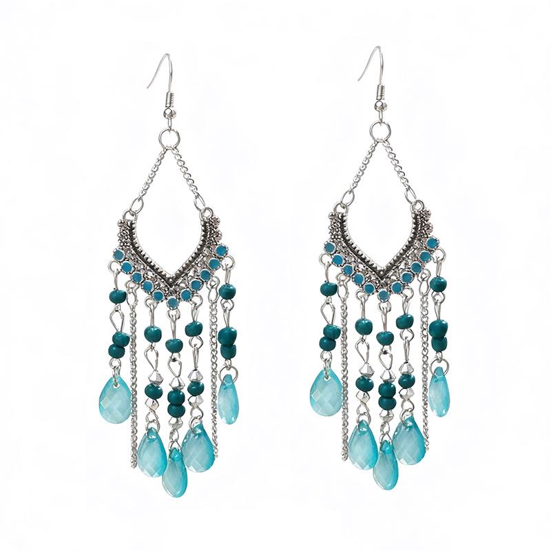 Bohemian Crystal Tassel Earrings - Ethnic Style, Slim Face, Exaggerated Design for Travel