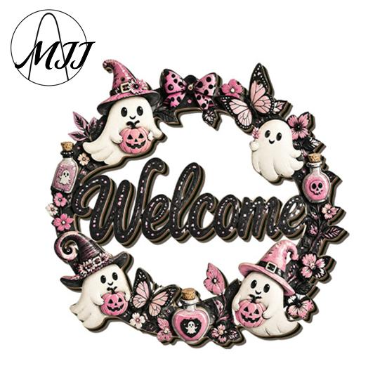 Holiday Door Sign for Store Entry Halloween Pumpkin Ghost Wooden Welcome Hanger Sign, Cute Wall Ornament with Bell Decor Indoor Outdoor Hanging Rope,