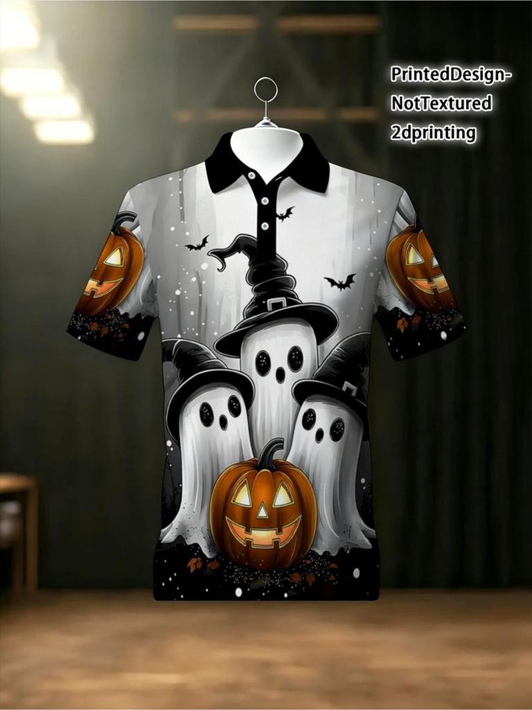 Men'S Outdoor Halloween Polo Shirt, Polyester Fabric, Multiple Sizes & Mixed Colors, Ghost Pumpkin Bat Print, Spooky Festive Woodland Style, Suitable