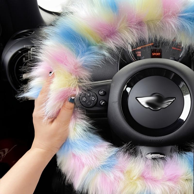 Fuzzy Steering Wheel Cover, Cute Fluffy Steering Wheel Cover With Rainbow Furry Handbrake & Gear Shift Cover Fur Decor