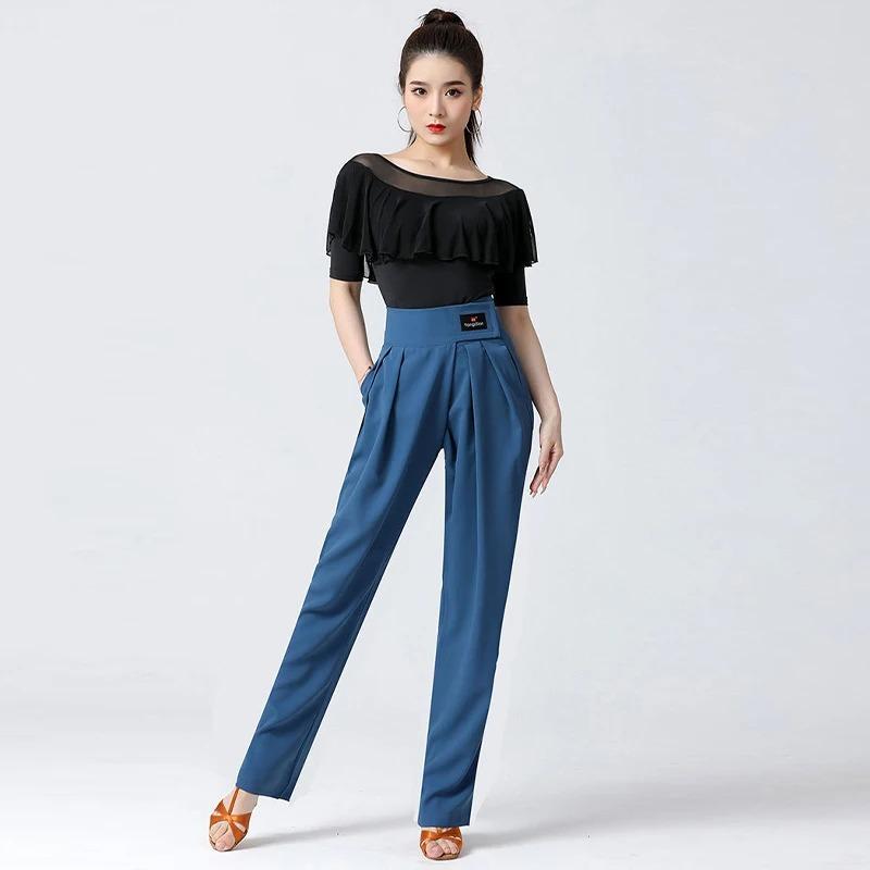 Hohe Taille Damen Latein Modern Dance Hose Professionelles Enges Bündchendesign Hose Dame Ballsaalhose Tasche