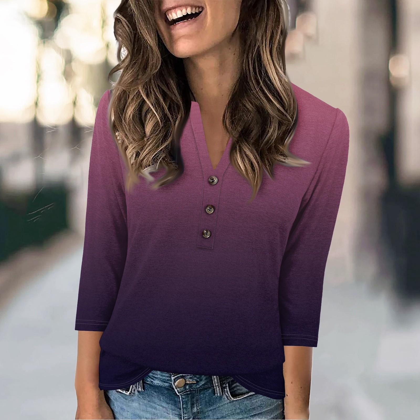 Women s Fashion Casual Retro Gradient Print V-neck Seven-quarter Sleeve Button Up T-shirt Top L фиолетовый