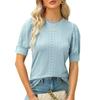 Women Button Puff Sleeve O Neck Breathable Solid Color Pullover T Shirt Blouse Top