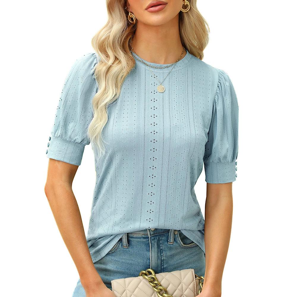 Women Button Puff Sleeve O Neck Breathable Solid Color Pullover T Shirt Blouse Top