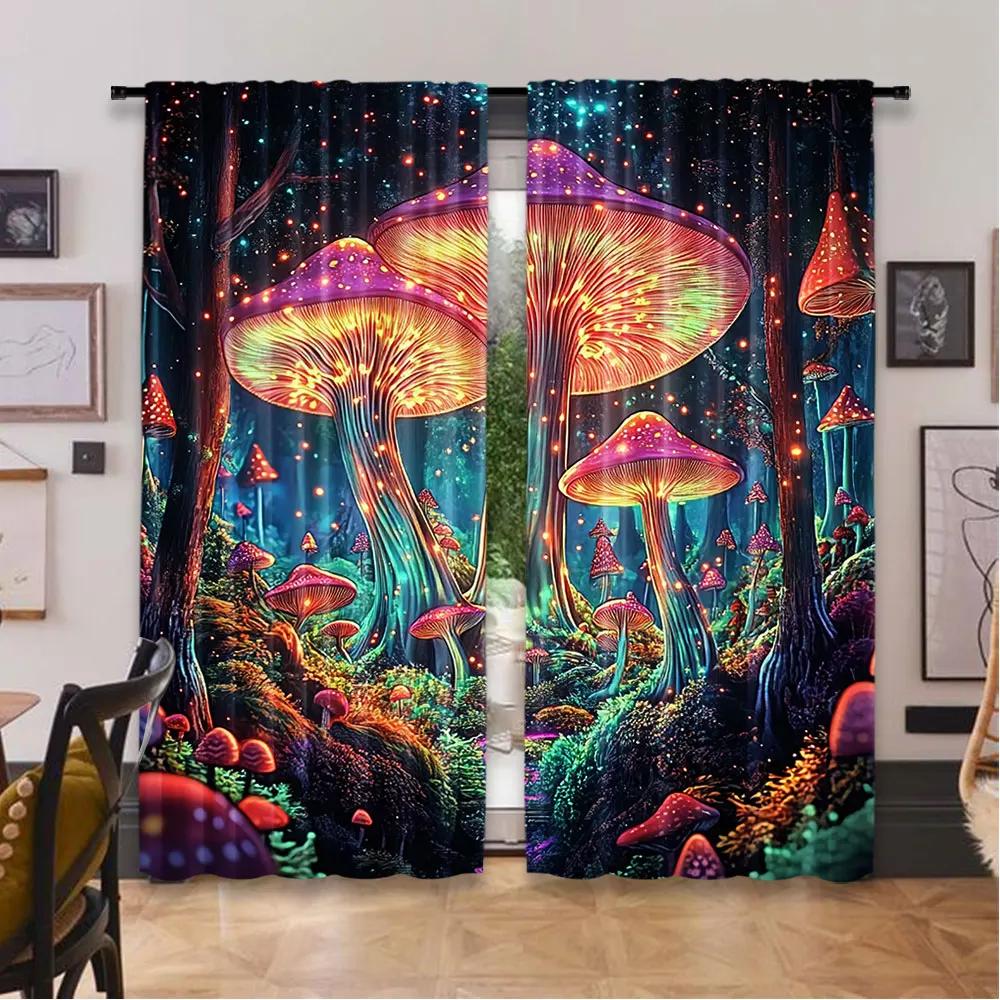 2Pcs Mushroom Curtain Boho Curtains For Cute Mushroom Mother Curtains Blue Forest Landscape Curtain For Bedroom Living Room