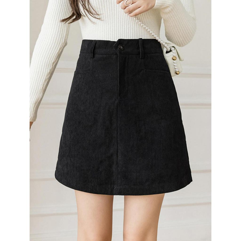 Plus Size Women's Coffee Corduroy A-line Skirt - Autumn/Winter Hip-Hugging Retro Brown Short Skirt
