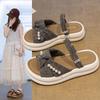 Bow one-word drag versatile new pearl fairy Internet celebrity style summer women thick-soled cool slippers shoes 2025 outer wear