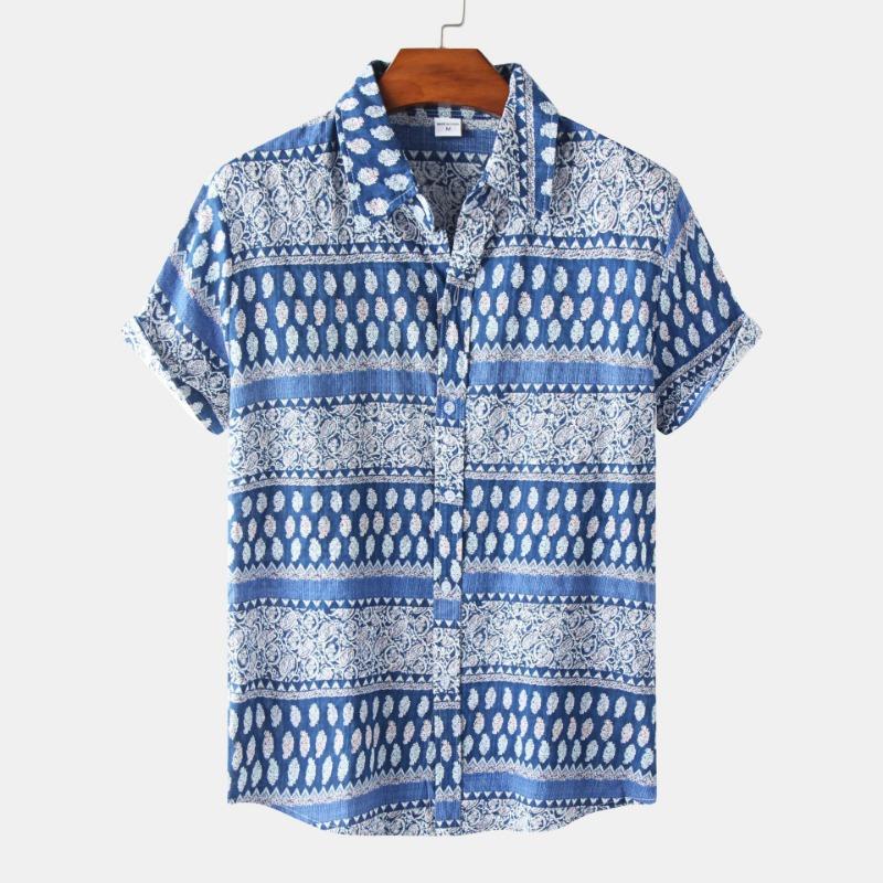 Men Short Sleeve Button Down Shirt Geometric Diamond Print Casual Summer Beach Shirt S