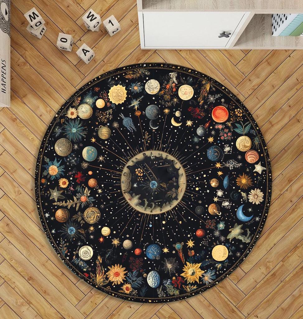 Large Round Cosmic Galaxy Planet Zodiac Symbol Non Slip Floor Rug Mystic Starry Sky Living Room Sofa Decor Mat