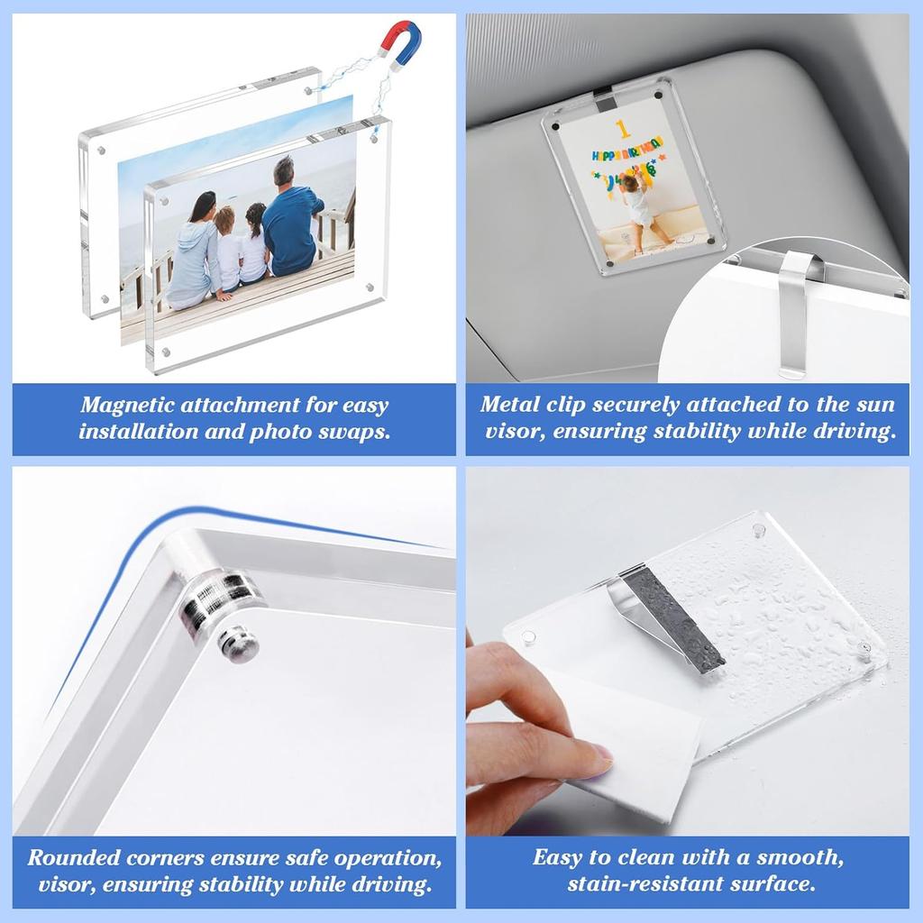 1797 2 Pack Car Sun Visor Photo Holders Picture Frame Clip Magnetic Acrylic Display Horizontal Vertical fit Wallet Size Photos 3.5 x 2.4 inch