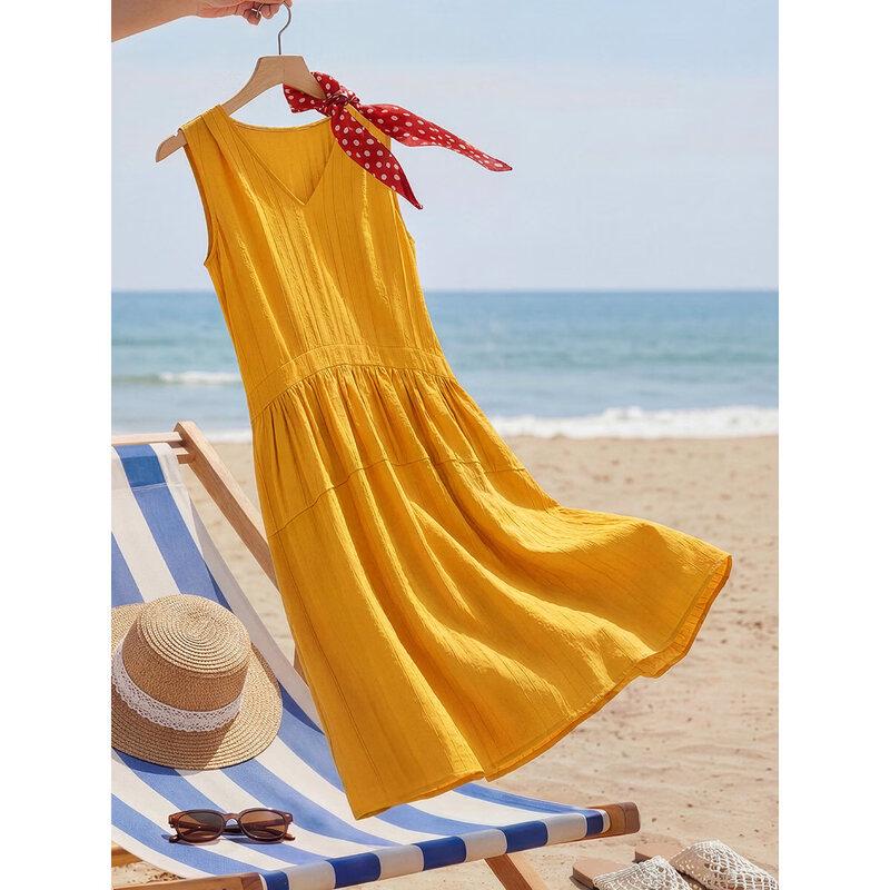 XWI Women's 100% Cotton V-Neck Sleeveless Midi A-Line Dress