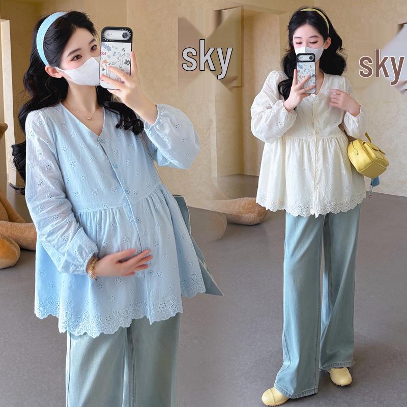 2026 Spring Maternity V-Neck Embroidered Doll Shirt – French Korean Style Loose Top
