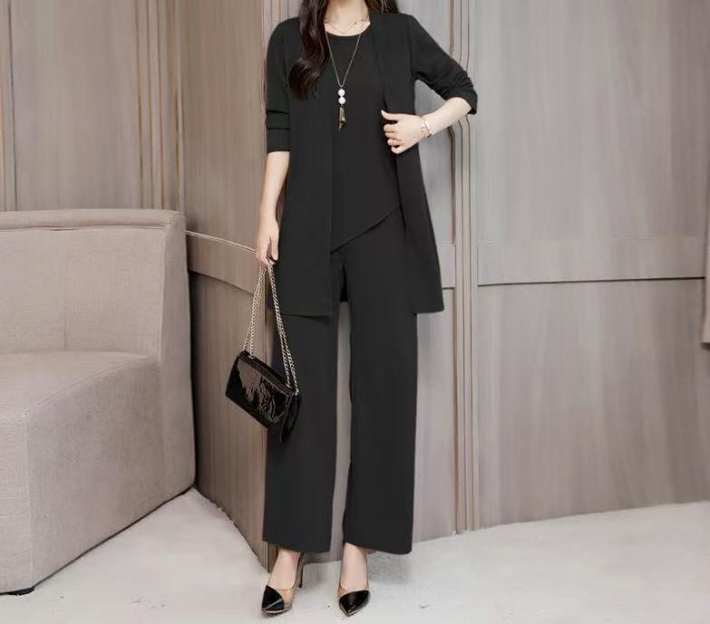 Women's Loose Fit Three-Piece Matching Set Long Sleeve Cardigan Wide Leg Pants Casual Outfit Set