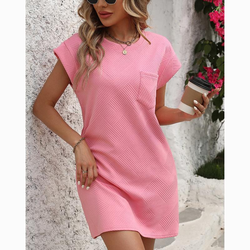 Summer Round Neck Pocket Short Sleeve Dress Women Elegant Loose A Line Pink Short Dress Woman Solid Vintage Casual Party Dresses 24496