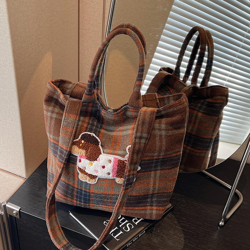 

Осенне-зимняя шерстяная клетчатая сумка женская новая мультяшная сумка-тоут с щенком повседневная большая вместительность на плечо женская