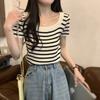 Summer New Temperament Square Neck Striped Versatile Knitted Sweater Short-sleeved T-shirt Top Women